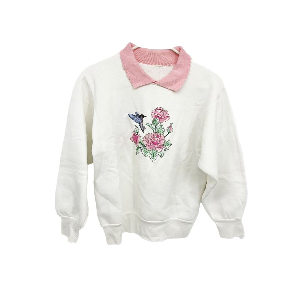 Vintage White Collared Flowers Roses Hummingbird Sweatshirt M